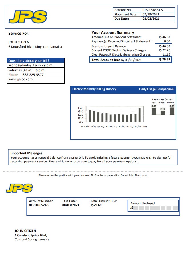 Jamaica Public Service (JPS) electricity utility bill template in Word and PDF format